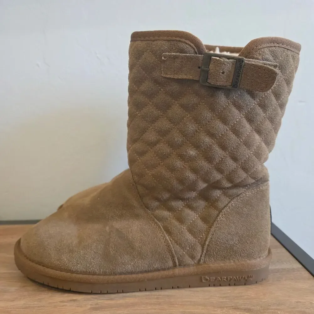 Bearpaw Quilted Suede Mid Calf Boots Women's 10 Brown Sheepskin Wool Lined